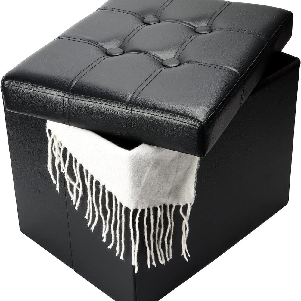 Storage Ottoman, Folding Foot Stool with Thicker Foam Padded Seat Small Leather